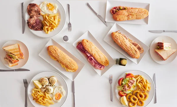 Overhead View Grilled Steaks French Fries Salad Bocadillos Sandwiches Fried — Stock Photo, Image