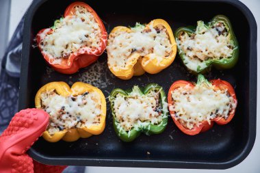 Pirinç ve sebze ile renkli biber dolması. Kırmızı lastik eldiven fırın form tutmak el.