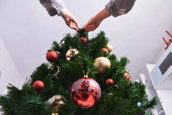 Bottom View Young Woman Sweater Decorating Christmas Tree Balls New — Stock Photo, Image