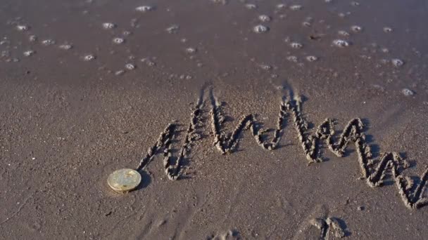 Ovanifrån Sea Wave Täcker Guld Bitcoin Liggande Sand Stranden Och — Stockvideo