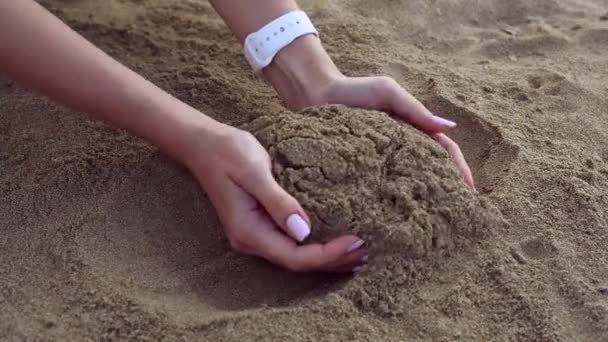 Female hands dig in sand and find gold bitcoin — Stock Video