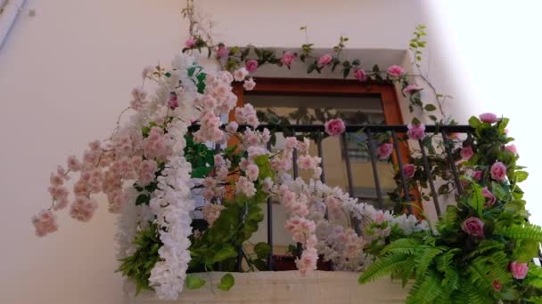 Lindas Flores Cor Rosa Macio Fora Janela Casa Plantas Acenando — Vídeo de Stock