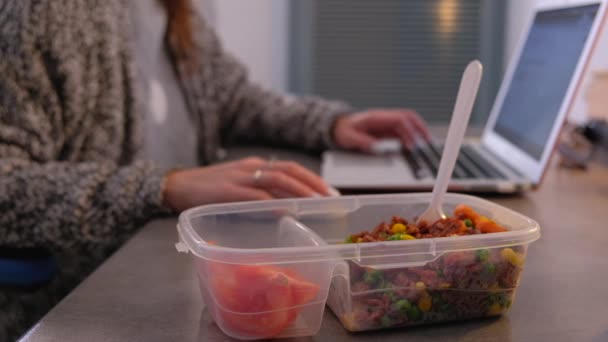 Zbliżenie Lunch Box Zdrowej Żywności Kobieta Pracuje Laptopie — Wideo stockowe