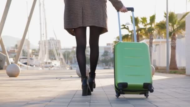 Jonge Zakenvrouw Hoge Hakken Wandelend Met Groene Koffer Een Zeehaven — Stockvideo