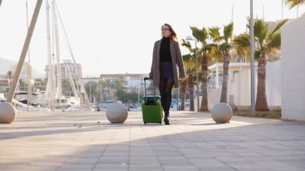 Jonge Zakenvrouw Bril Hoge Hakken Loopt Vol Vertrouwen Met Groene — Stockvideo