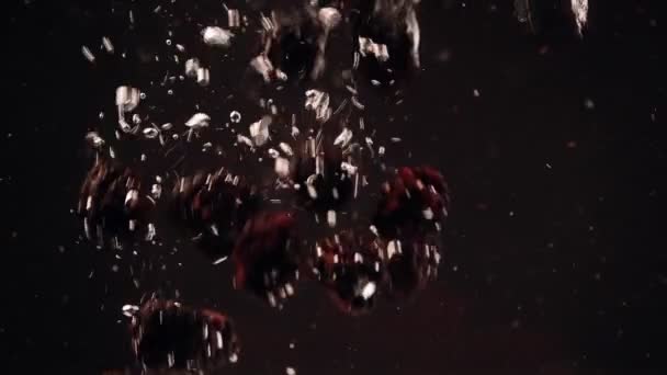 黑莓在黑色背景下落入水中的慢动作 新鲜的浆果沉入船中 复制空间 — 图库视频影像