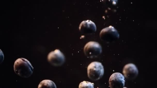 黒い背景に泡で水に落ちるブルーベリーのスローモーション 船に沈む新鮮な果実 マクロ — ストック動画
