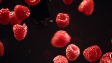 Siyah arka plana karşı suda yüzen ahududu yavaş hareket. Bir kapta batan taze meyveler.