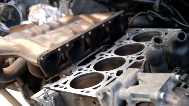 自動車整備士のクローズアップ車のエンジンを修理する手の脂っこい手 車の修理自動サービス — ストック動画