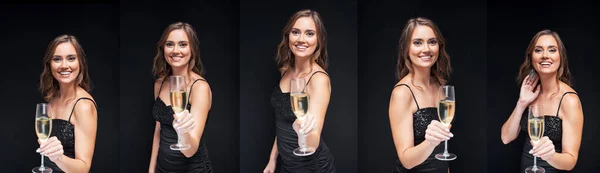 Молодая элегантная женщина с бокалом шампанского на вечеринке . — стоковое фото
