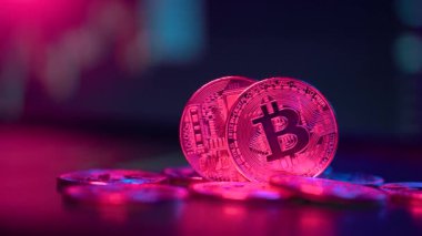 Bilgisayar ekran bitcoin incelemesi kavramı kırmızı ve mavi ışık grafikte Bitcoin Btc biraz kripto Döviz Alım altın paralar