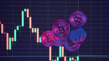Bilgisayar ekran bitcoin incelemesi kavramı kırmızı ve mavi ışık grafikte Bitcoin Btc biraz kripto Döviz Alım altın paralar