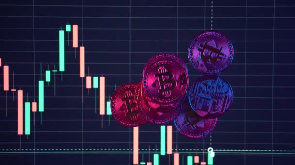 Crypto moneda de oro Bitcoin BTC bit coins chart en la pantalla del ordenador concepto de minería bitcoin — Vídeo de stock