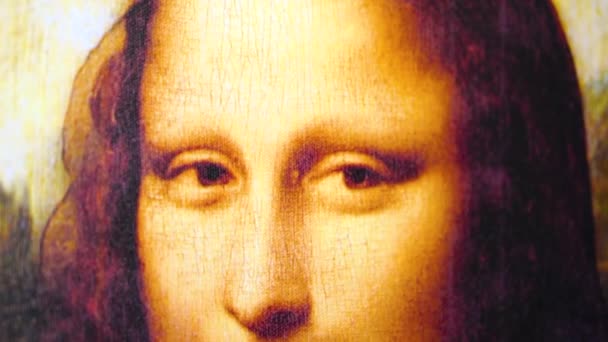 Ojos de Mona Lisa obra de arte pintura de Leonardo da Vinci exposición de reproducción de Mona Lisa — Vídeo de stock