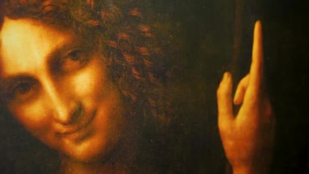 レオナルド ・ ダ ・ ヴィンチの聖ヨハネ洗礼者ヨハネは、盛期ルネサンスの油絵展示 — ストック動画