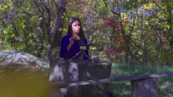 Blogger joven carismática sentada junto a la cámara en la naturaleza hablando gesto y sonriendo cámara lenta — Vídeos de Stock