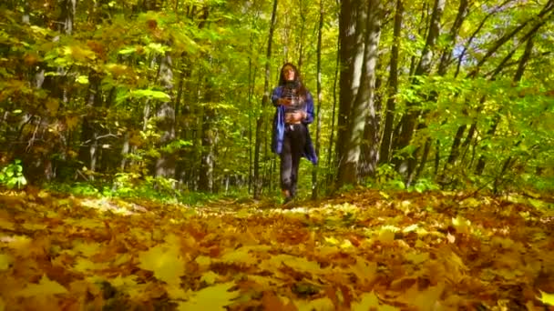 Блог харизматичный молодая женщина ходит в осеннем лесу и запись видео для видеоблога с помощью камеры говорить жестом и улыбаясь замедленной съемки — стоковое видео