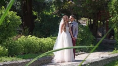 Mutlu evlilik çift bir park yeni evli çift yürüyüş birlikte güneşli bir gün içinde