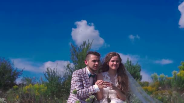 Encantador casal feliz de recém-casados sentados em um banco na paisagem cênica natureza em dia ensolarado — Vídeo de Stock