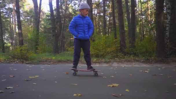 秋の公園で屋外スケート スケート ボードの少年に子を乗せてください。 — ストック動画