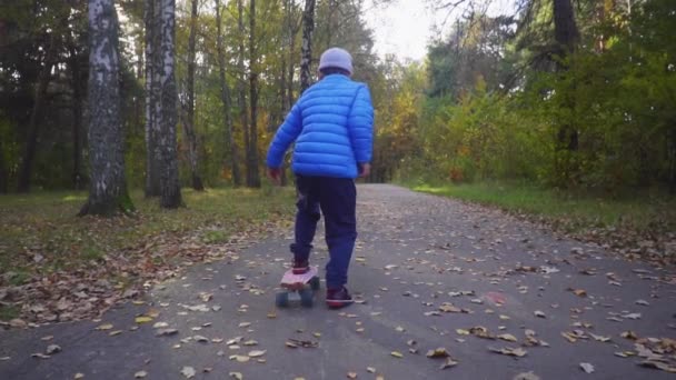 Niño en monopatín niño paseo en patín al aire libre en el parque de otoño — Vídeo de stock