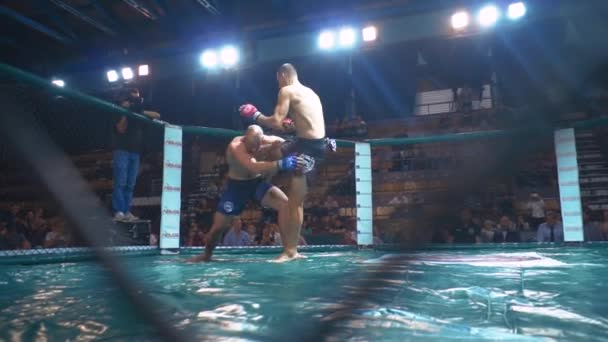 KIEV, Ukraine - September 22, 2018: Two strong mixed martial arts athletes fighting in the octagon — Stock Video