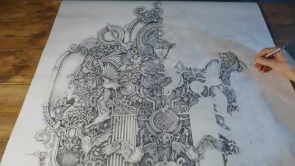 Mão de desenho masculino em papel maravilhoso padrão em seu estúdio — Vídeo de Stock