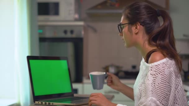 Mujer morena joven trabajar en el ordenador portátil y estudiar en línea en casa con la pantalla verde croma clave — Vídeo de stock