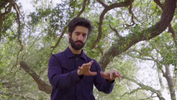 Beard músico agitando sus manos en el aire fingiendo que toca en el piano imaginable — Vídeos de Stock