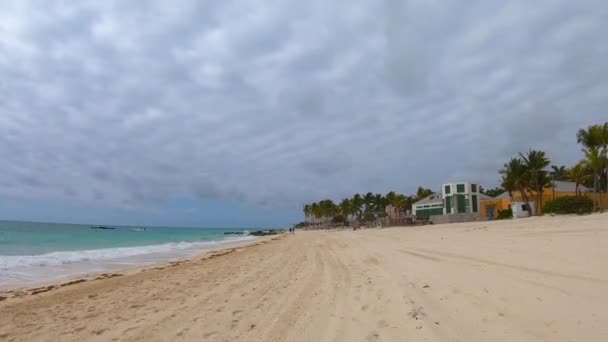 Costa sabbiosa dell'oceano con palme e persone che camminano lontano — Video Stock