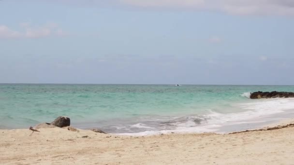 Playa vacía con olas del océano y un barco lejos — Vídeo de stock