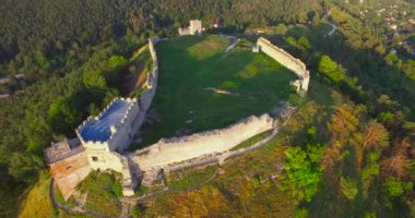 Castle cityscape of town before sunset ruins aerial view
