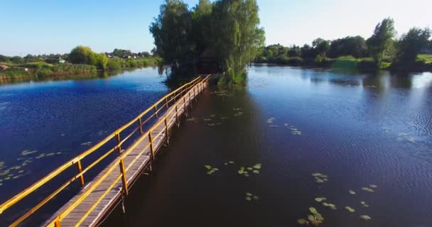 Деревянный мост, ведущий к дому на реке с деревьями — стоковое видео