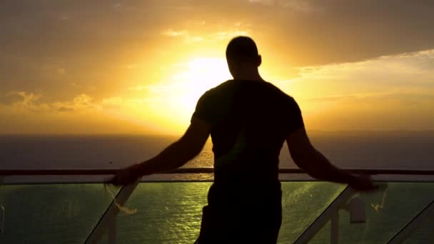 Jeune homme athlétique sautant avec une corde pendant le lever du soleil doré — Video