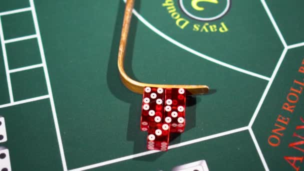 Kostki poruszają się po stole pokerowym przez kij — Wideo stockowe