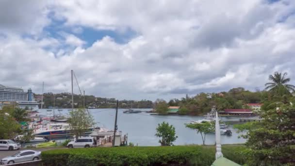 Caiserie, sv. Lucie-březen 11, 2019: Timuplynout s jachtou a čluny na nedalekém molu — Stock video
