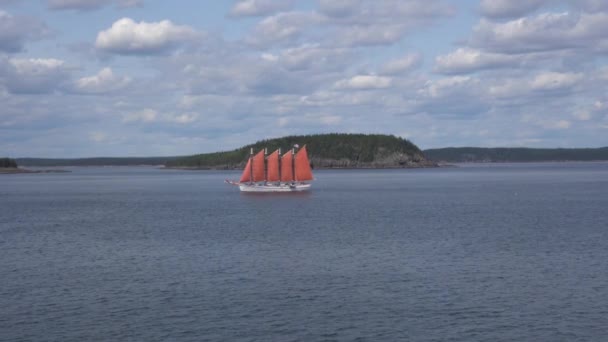 Nave con velas rojas navegando a lo largo de las islas Bar Harbor — Vídeos de Stock