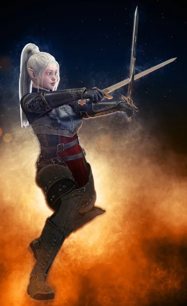 Woman elf warrior with swords on fantasy abstract background 3D illustration