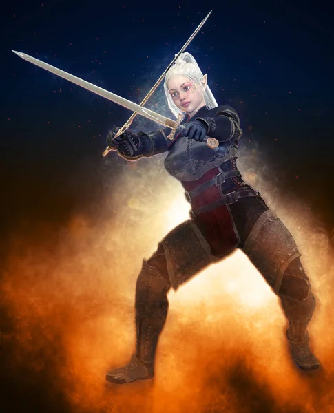 Woman elf warrior with swords on fantasy abstract background 3D illustration