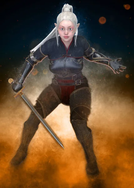 Woman elf warrior with sword on fantasy abstract background 3D illustration
