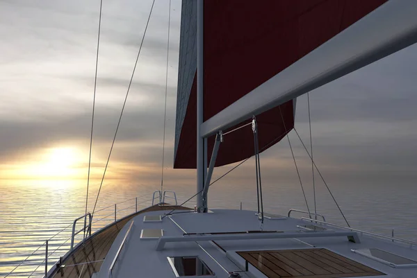 Sailing lboat at open sea towards sunset 3d illustration
