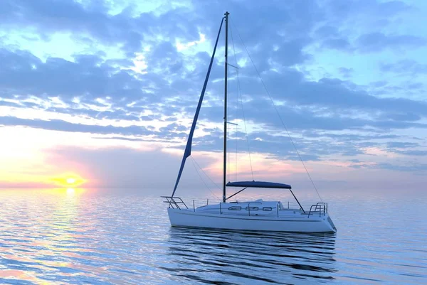 3D illustration sailing yacht at open sea towards sunset