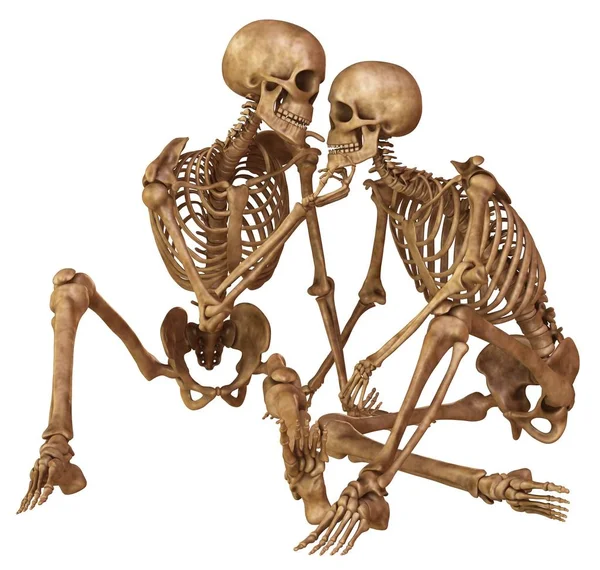 Skeletons of man and woman in the pose of lovers. Isolated on white background 3d illustration — Stock Image Skeletons of man and woman in the pose of lovers. Isolated on white background 3d illustration Stock Image