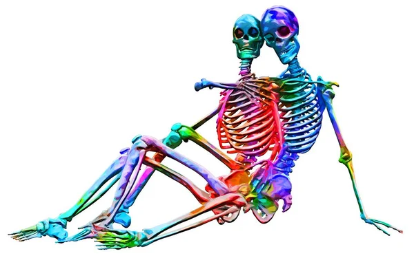 Skeletons of man and woman in the pose of lovers in multicolored abstract style illustration Isolated on white background — Stock Image Skeletons of man and woman in the pose of lovers in multicolored abstract style illustration Isolated on white background Royalty Free Stock Images