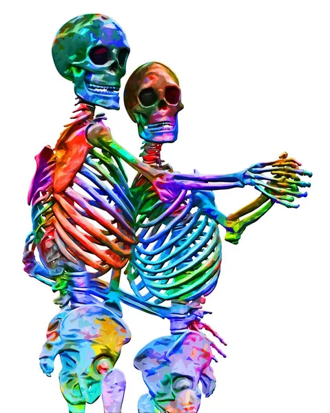 Skeletons of man and woman in the pose of lovers in multicolored abstract style illustration Isolated on white background — Stock Image Skeletons of man and woman in the pose of lovers in multicolored abstract style illustration Isolated on white background Stock Photo