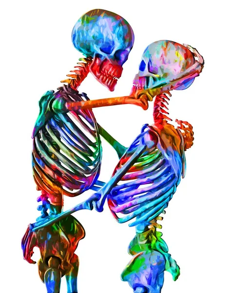 Skeletons of man and woman in the pose of lovers in multicolored abstract style illustration Isolated on white background — Stock Image Skeletons of man and woman in the pose of lovers in multicolored abstract style illustration Isolated on white background Stock Picture