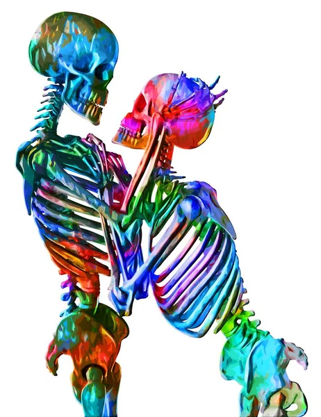 Skeletons of man and woman in the pose of lovers in multicolored abstract style illustration Isolated on white background — Stock Image Skeletons of man and woman in the pose of lovers in multicolored abstract style illustration Isolated on white background Stock Photo
