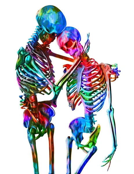Skeletons of man and woman in the pose of lovers in multicolored abstract style illustration Isolated on white background — Stock Image Skeletons of man and woman in the pose of lovers in multicolored abstract style illustration Isolated on white background Royalty Free Stock Images