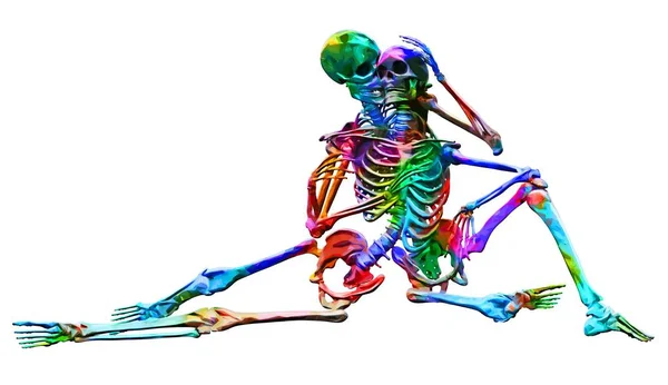 Skeletons of man and woman in the pose of lovers in multicolored abstract style illustration Isolated on white background — Stock Image Skeletons of man and woman in the pose of lovers in multicolored abstract style illustration Isolated on white background Stock Image