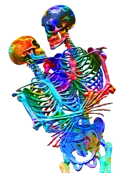 Skeletons of man and woman in the pose of lovers in multicolored abstract style illustration Isolated on white background — Stock Image Skeletons of man and woman in the pose of lovers in multicolored abstract style illustration Isolated on white background Royalty Free Stock Photos